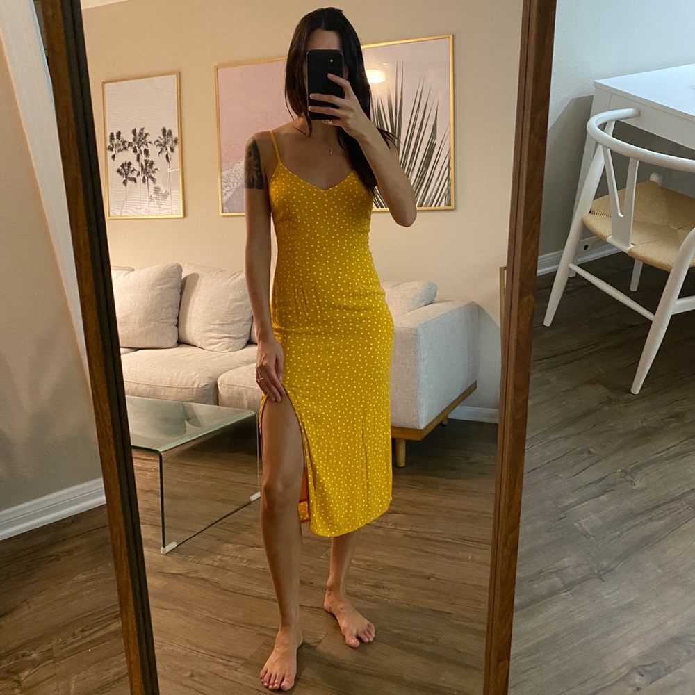 Mustard Yellow Polka Dot Midi Dress with Slit